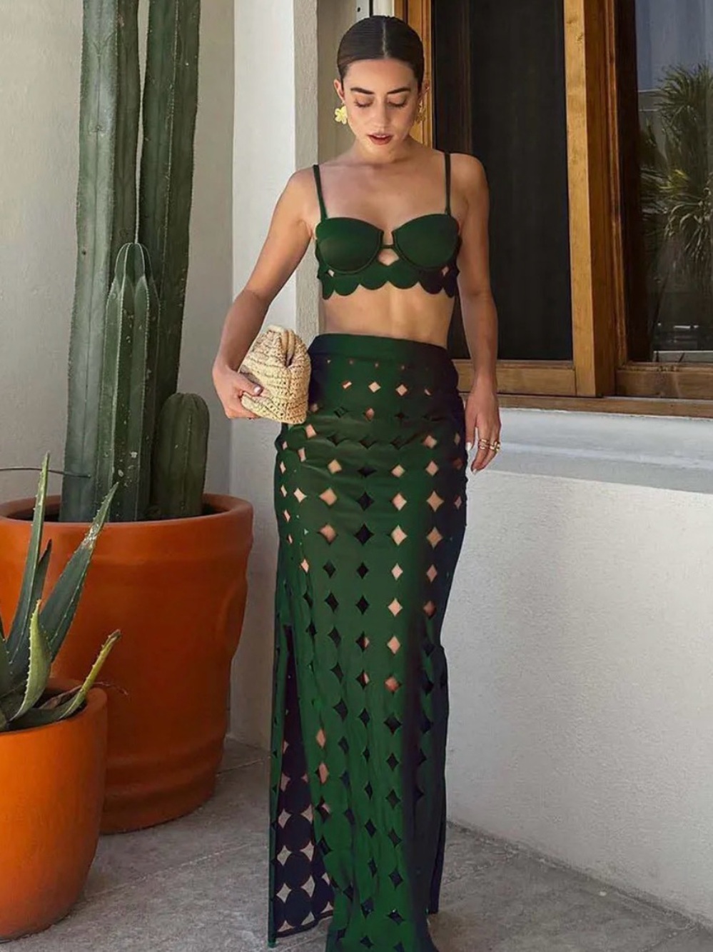 Green 3 Piece Laser Cut Bikini Swimsuit and Skirt